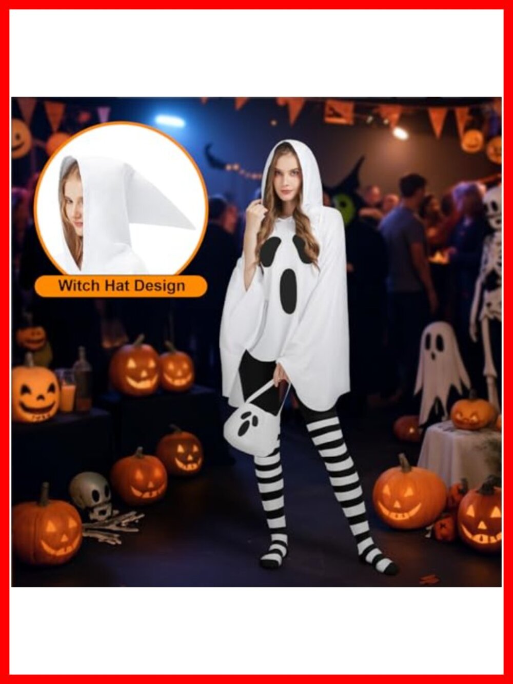 Ghost Poncho Costume Set Glow Dark Hooded Pullover Halloween Cosplay - Picture 5 of 6